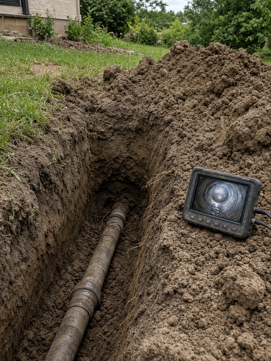 Open trench with a camera screen on the dirt.