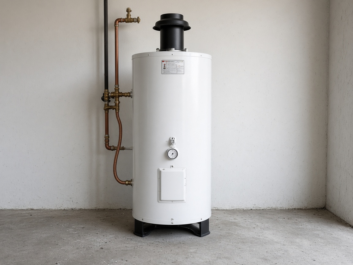 Water heater set in a garage.