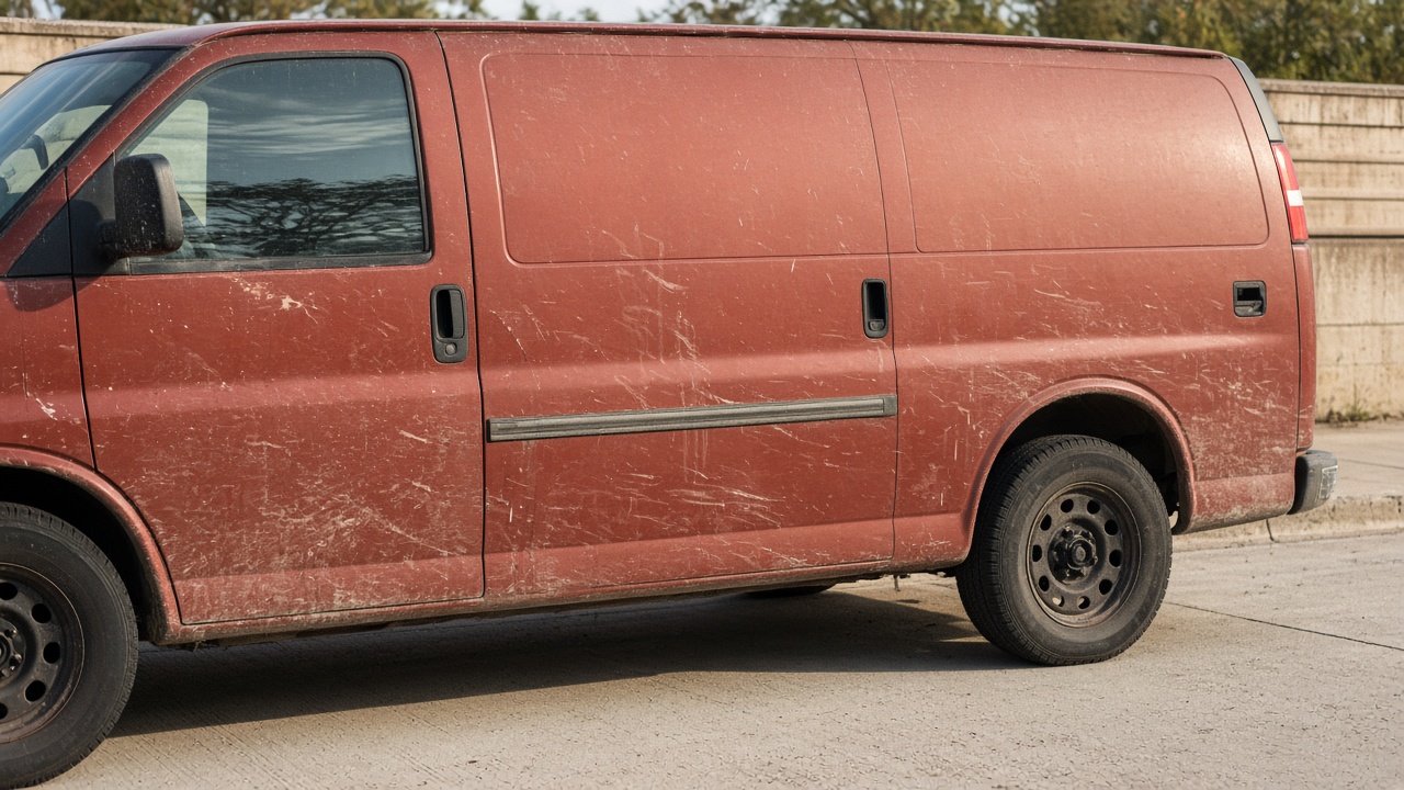 Oxide-red work van.